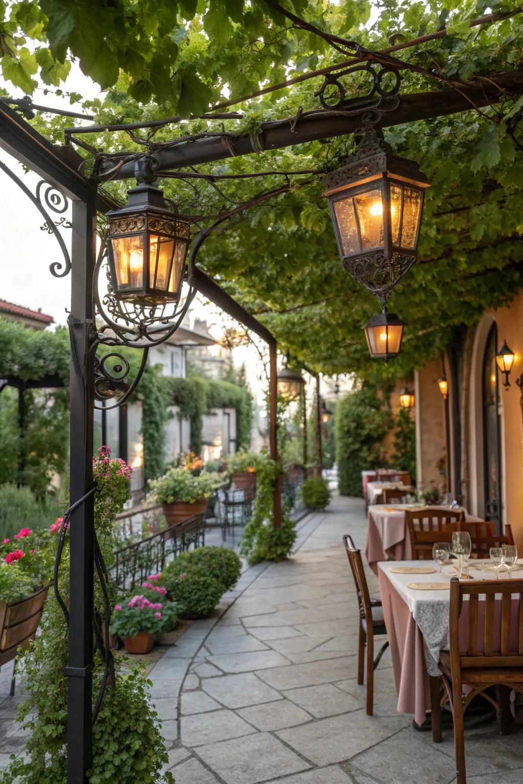 Vintage charm adds a cozy feel to pergola settings.