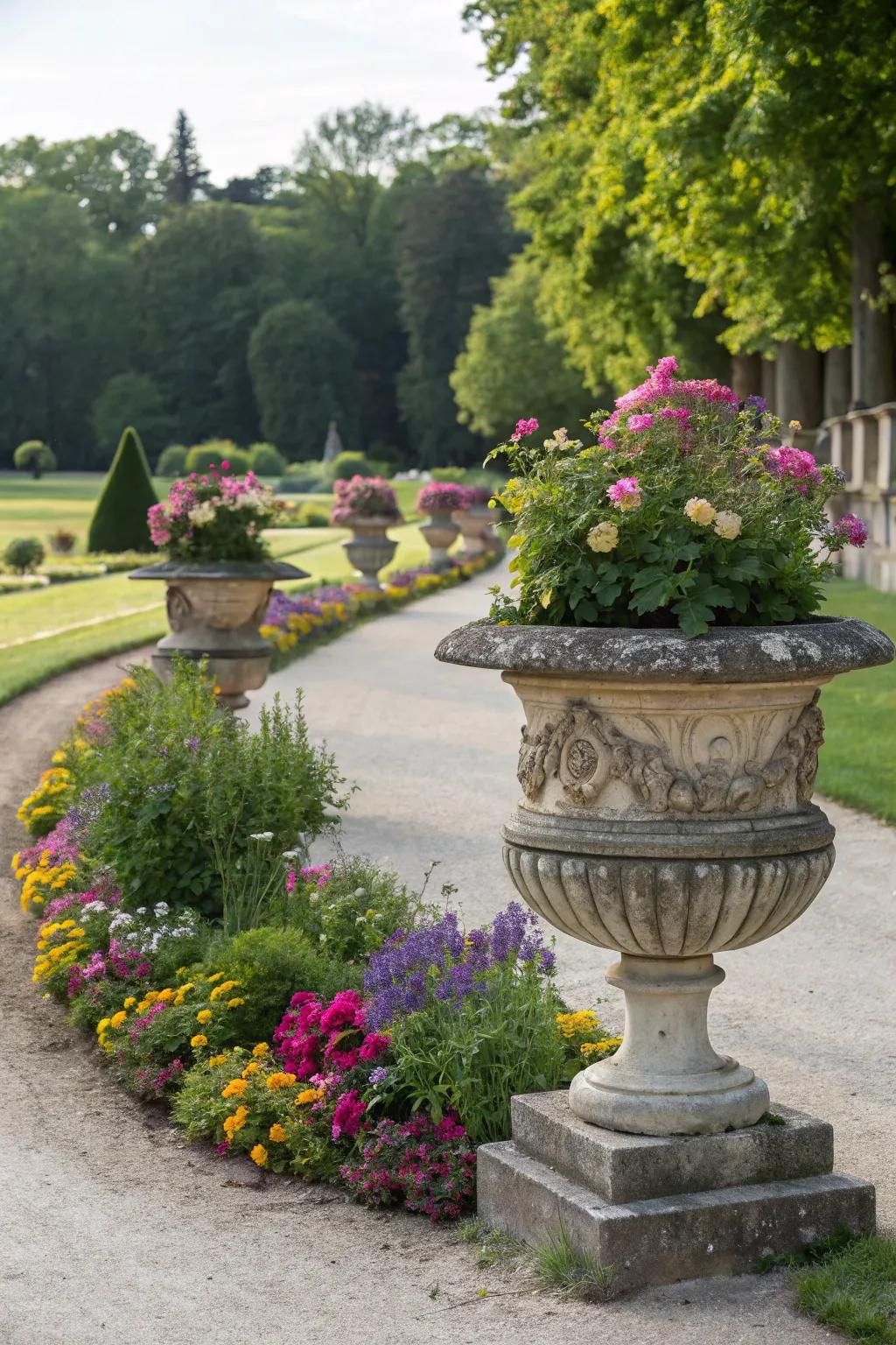 Vintage planters bring character to the garden.