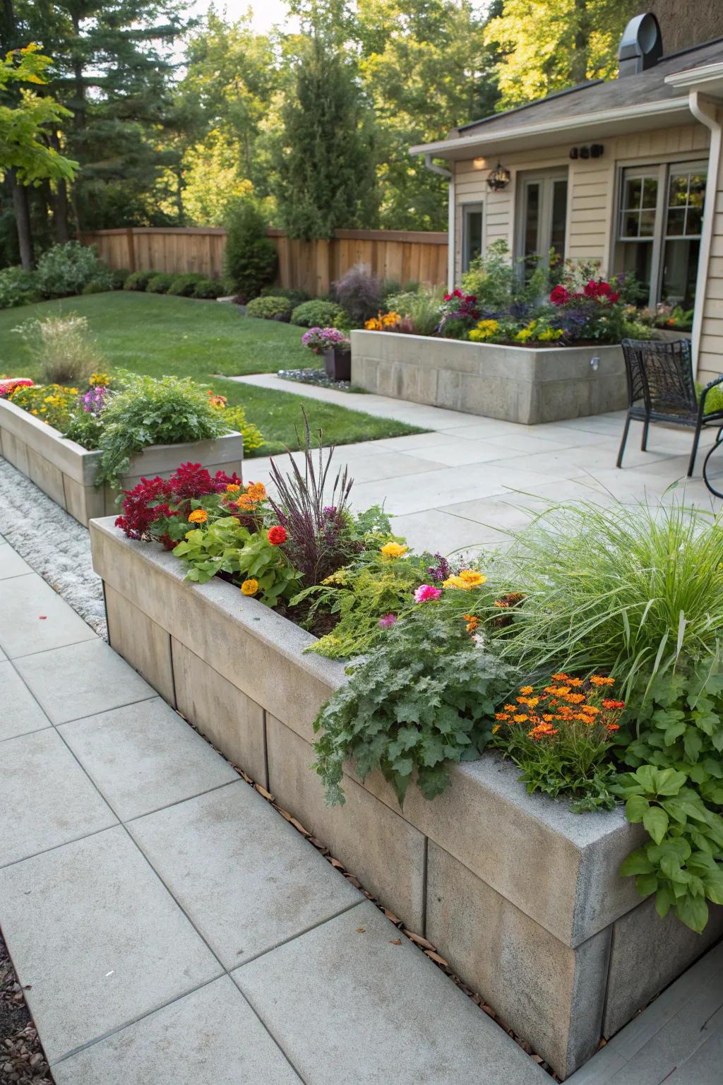 Garden beds that beautifully integrate with the patio.