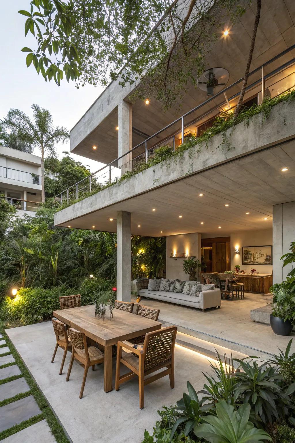 Multi-level design creating distinct outdoor zones.