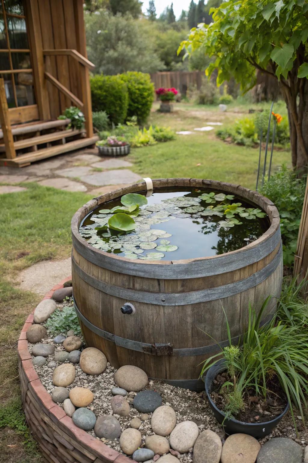 Rustic charm with a half wine barrel pond.