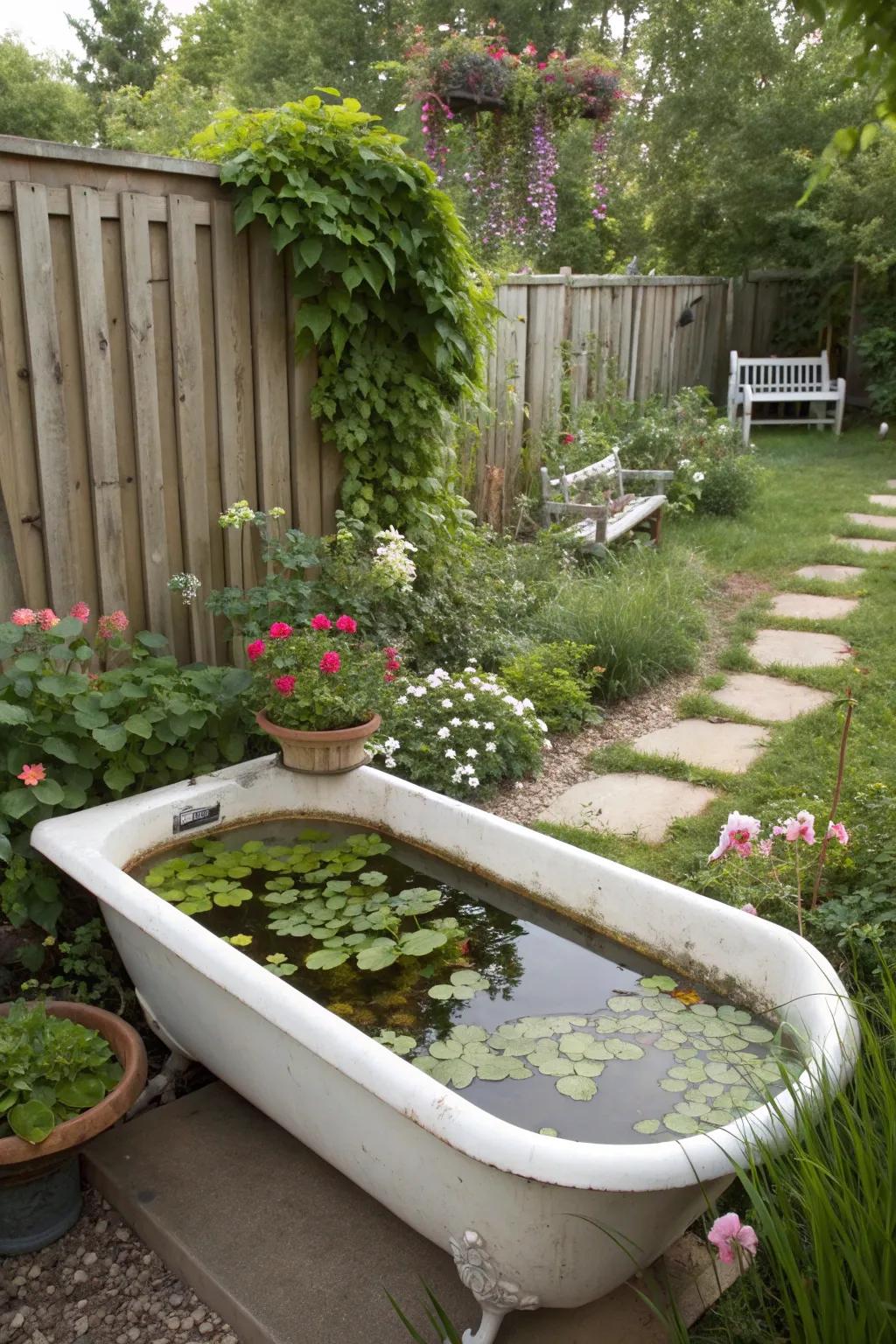 Quirky charm with a sink-turned-pond.
