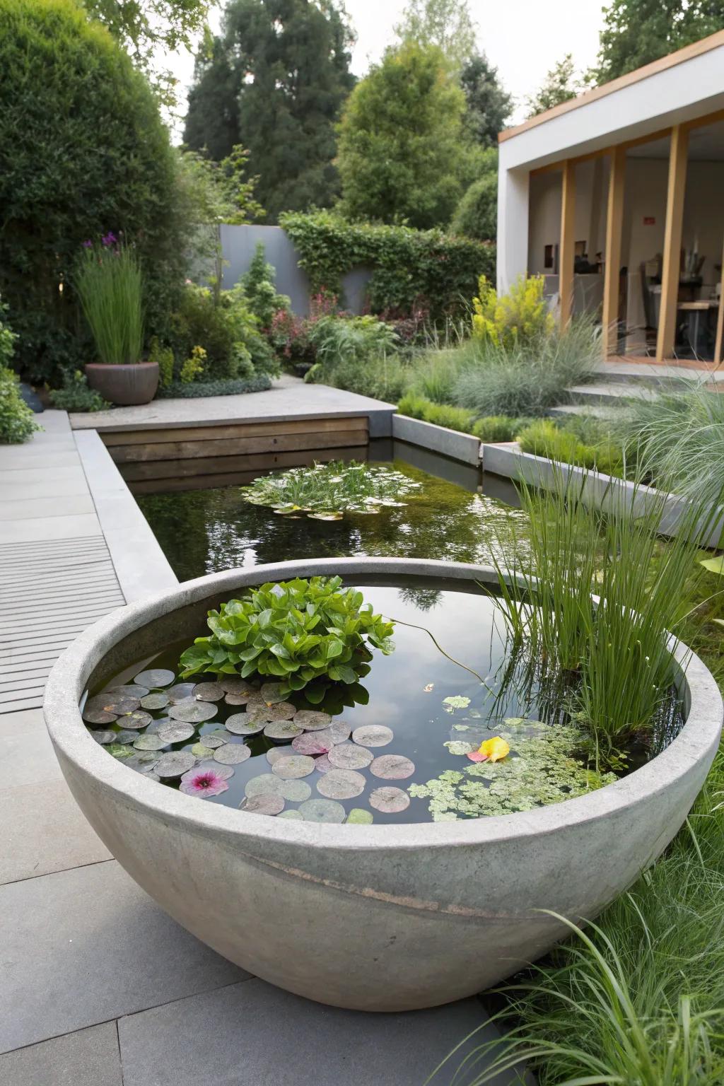 Modern elegance with a concrete bowl pond.
