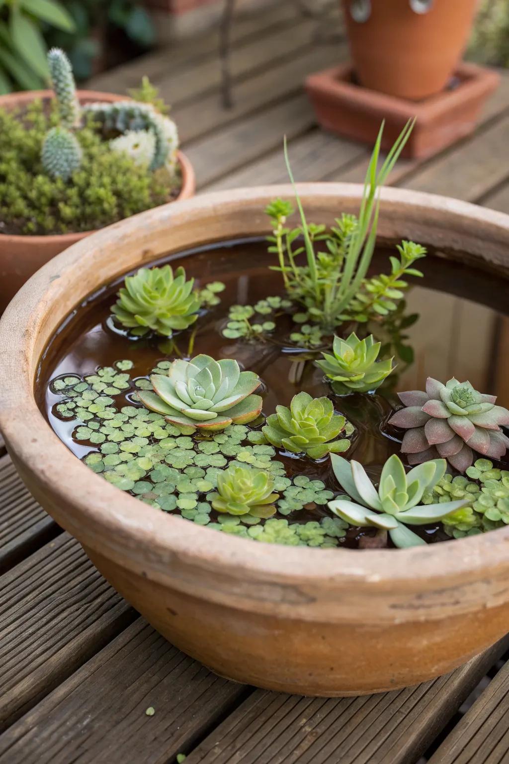 Earthy terracotta pot pond for small spaces.