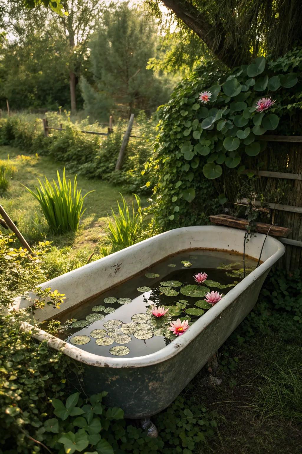 A unique bathtub pond with vibrant water lilies.