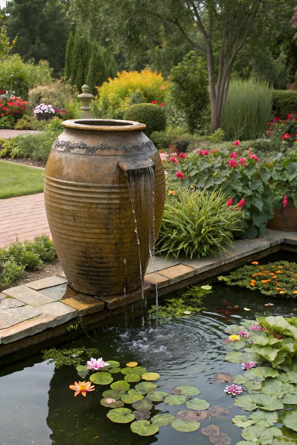 Artistic ceramic urn with cascading water.