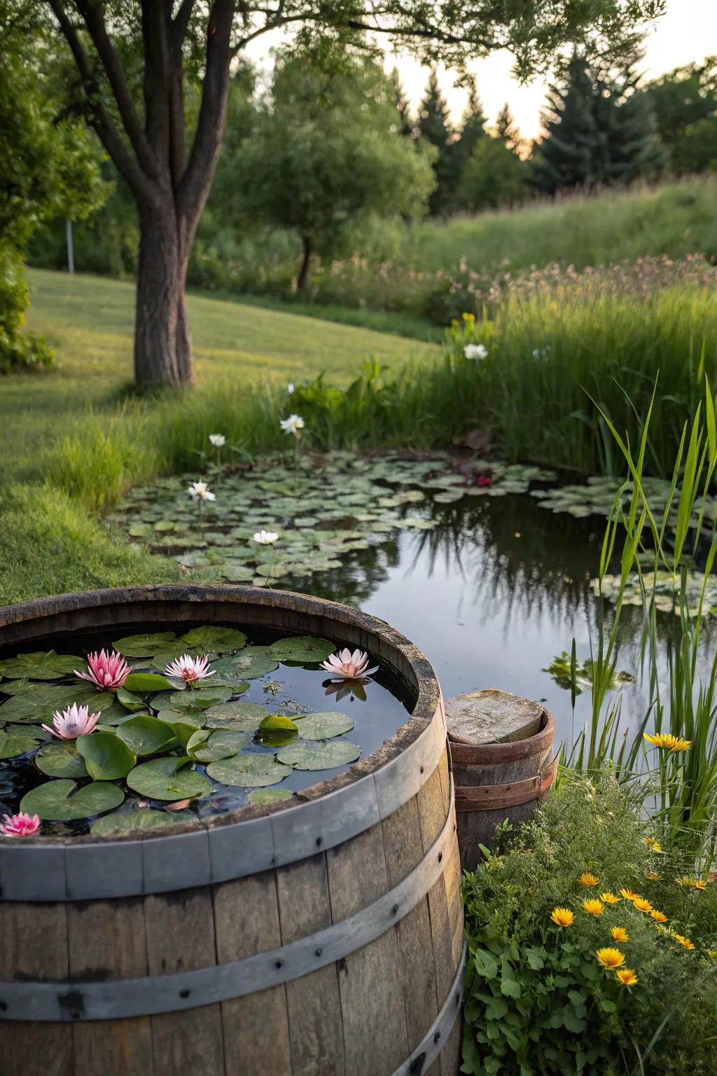 A charming whiskey barrel pond with blooming water lilies.