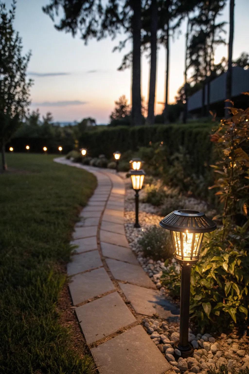 Solar lights add ambiance and functionality.