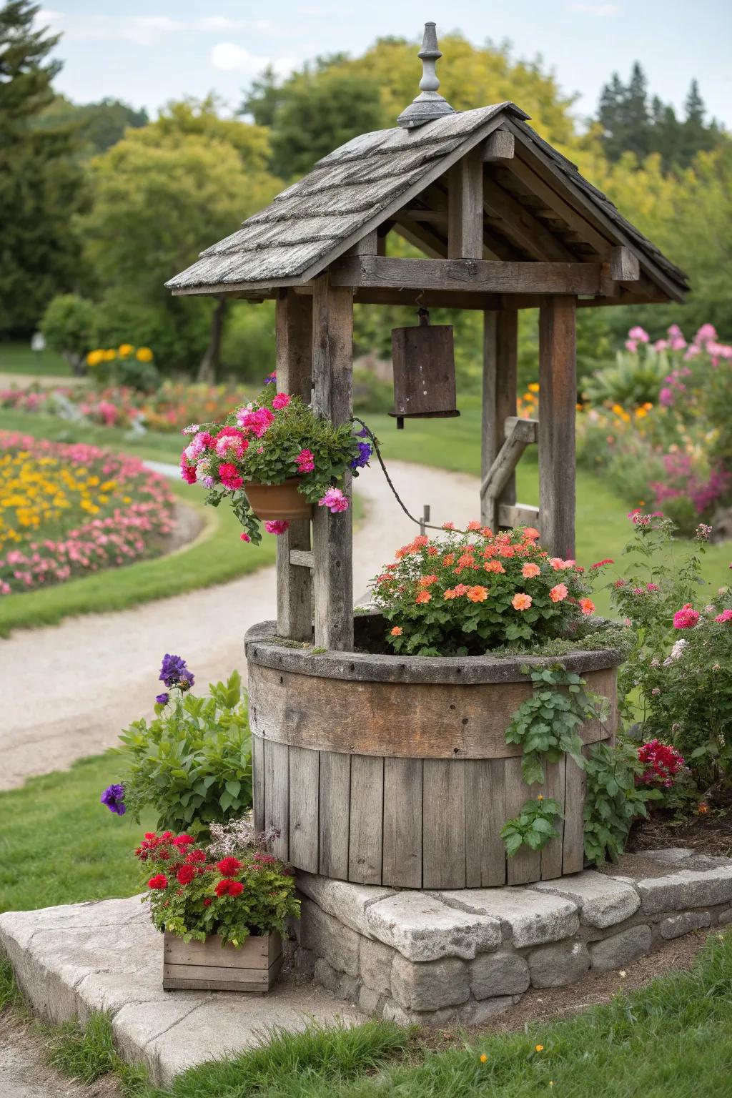 A wooden wishing well makes a whimsical garden centerpiece.