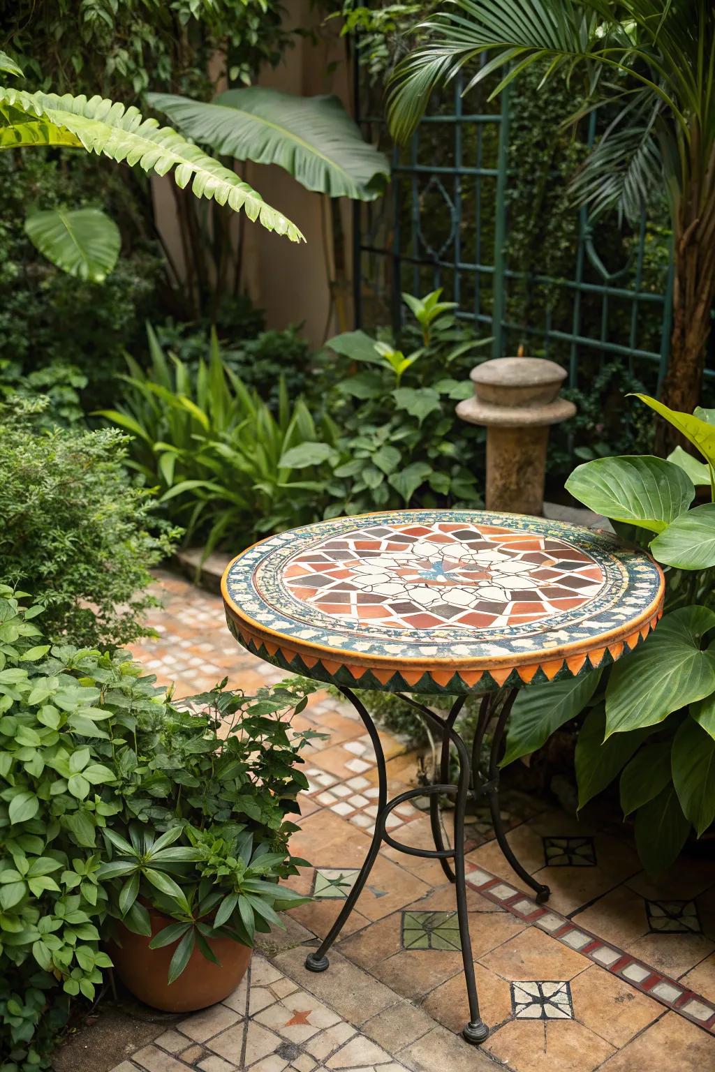 Mosaic art adds a vibrant focal point to gardens.