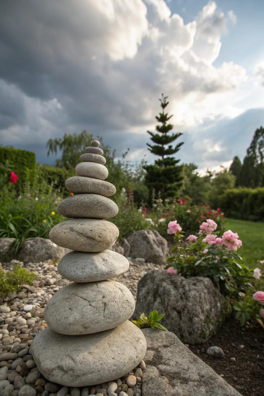 Stone cairns provide a tranquil, minimalist touch.