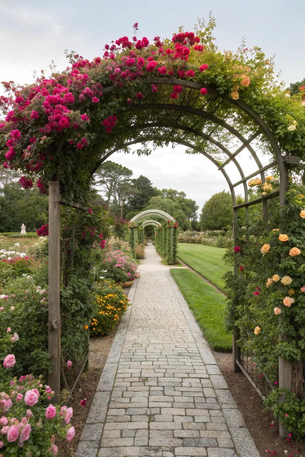 Trellis arches make a grand garden entrance.