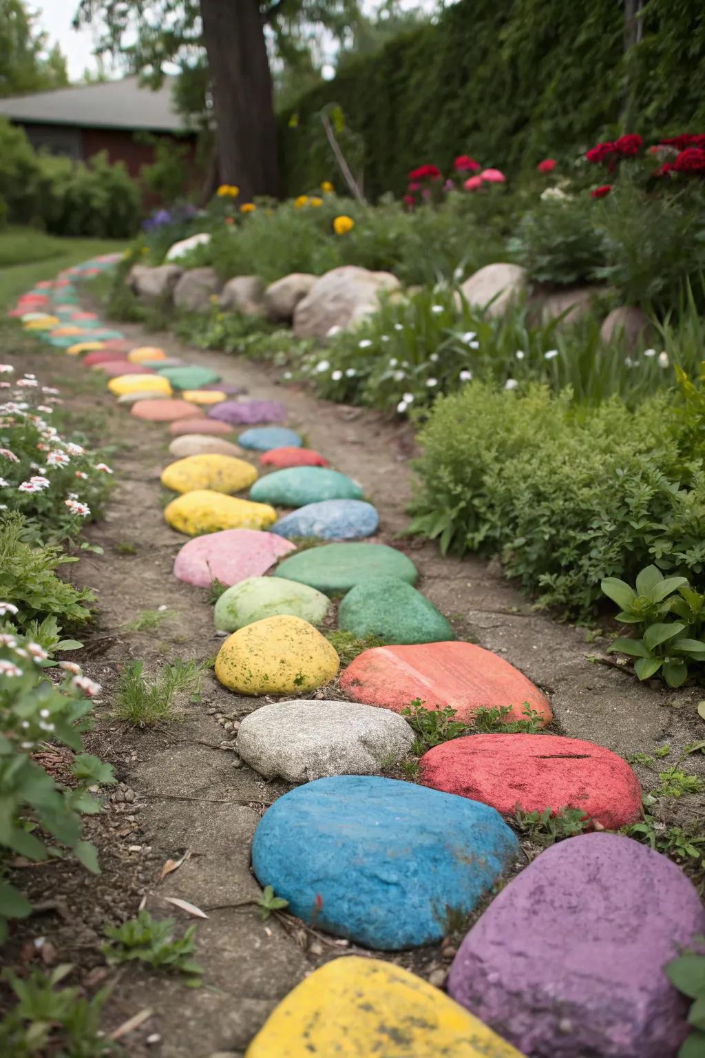 Painted rocks offer a playful and artistic element.
