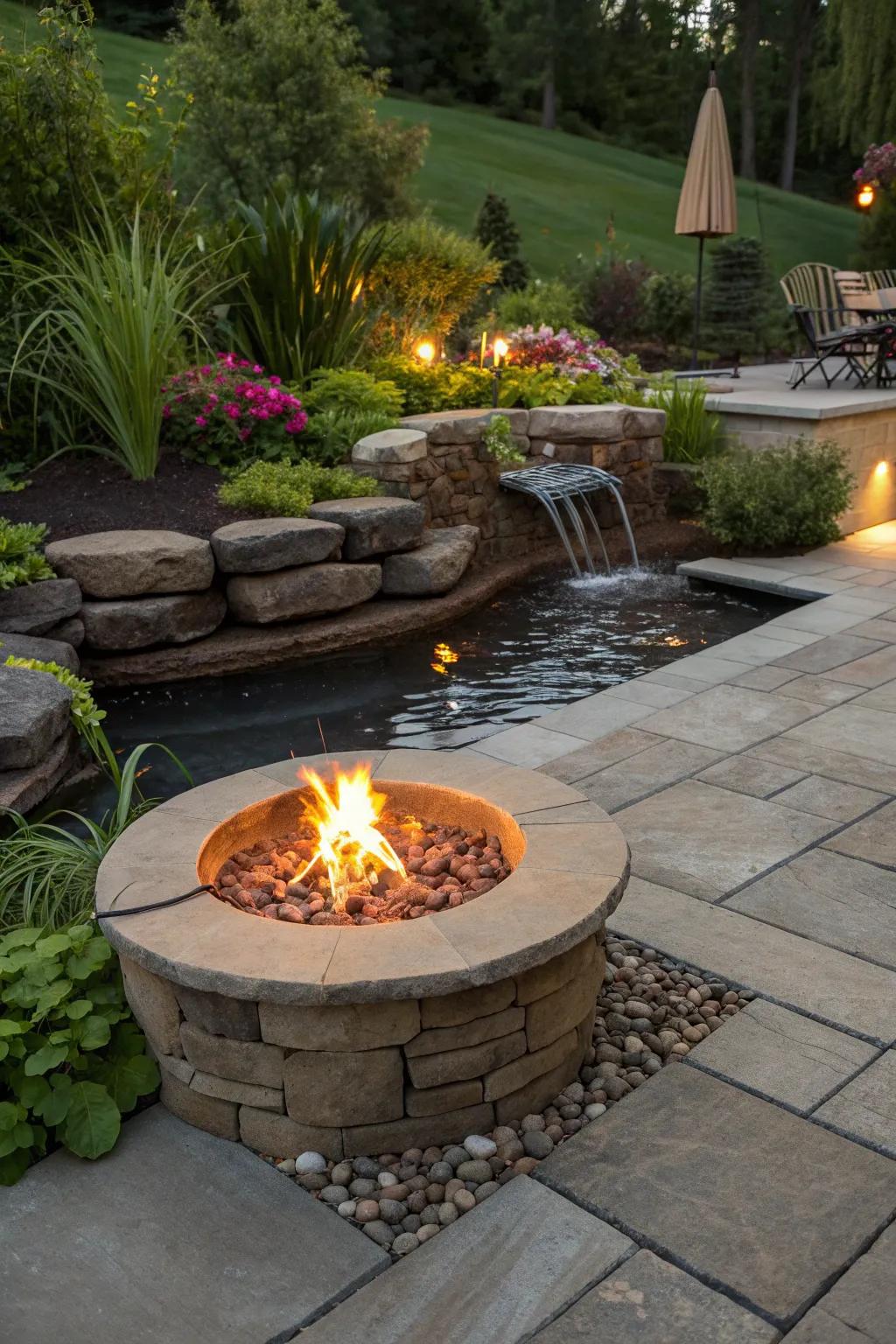 A fire pit paired with a water feature creates a luxurious patio atmosphere.