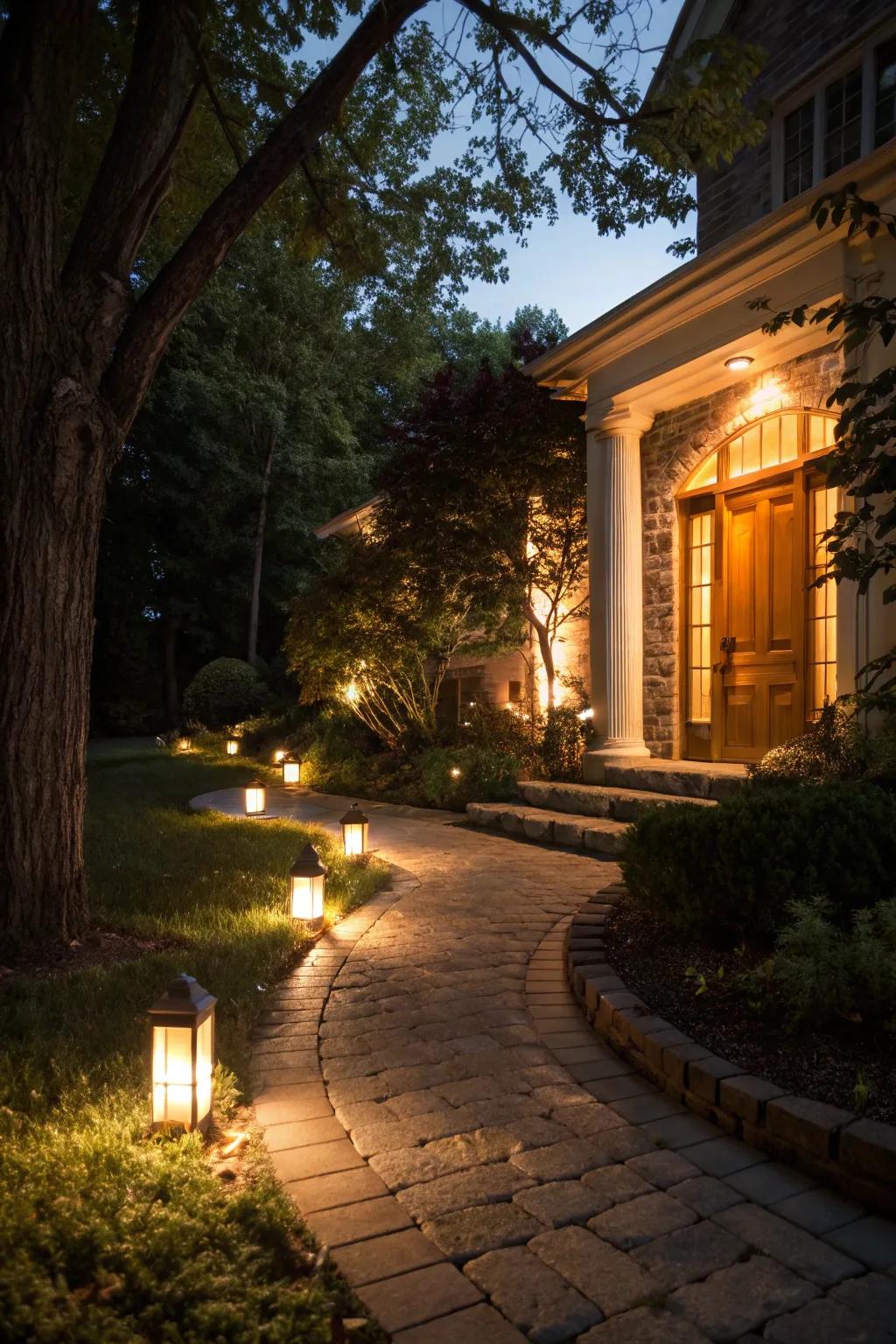Pathway softly lit with charming garden lights.