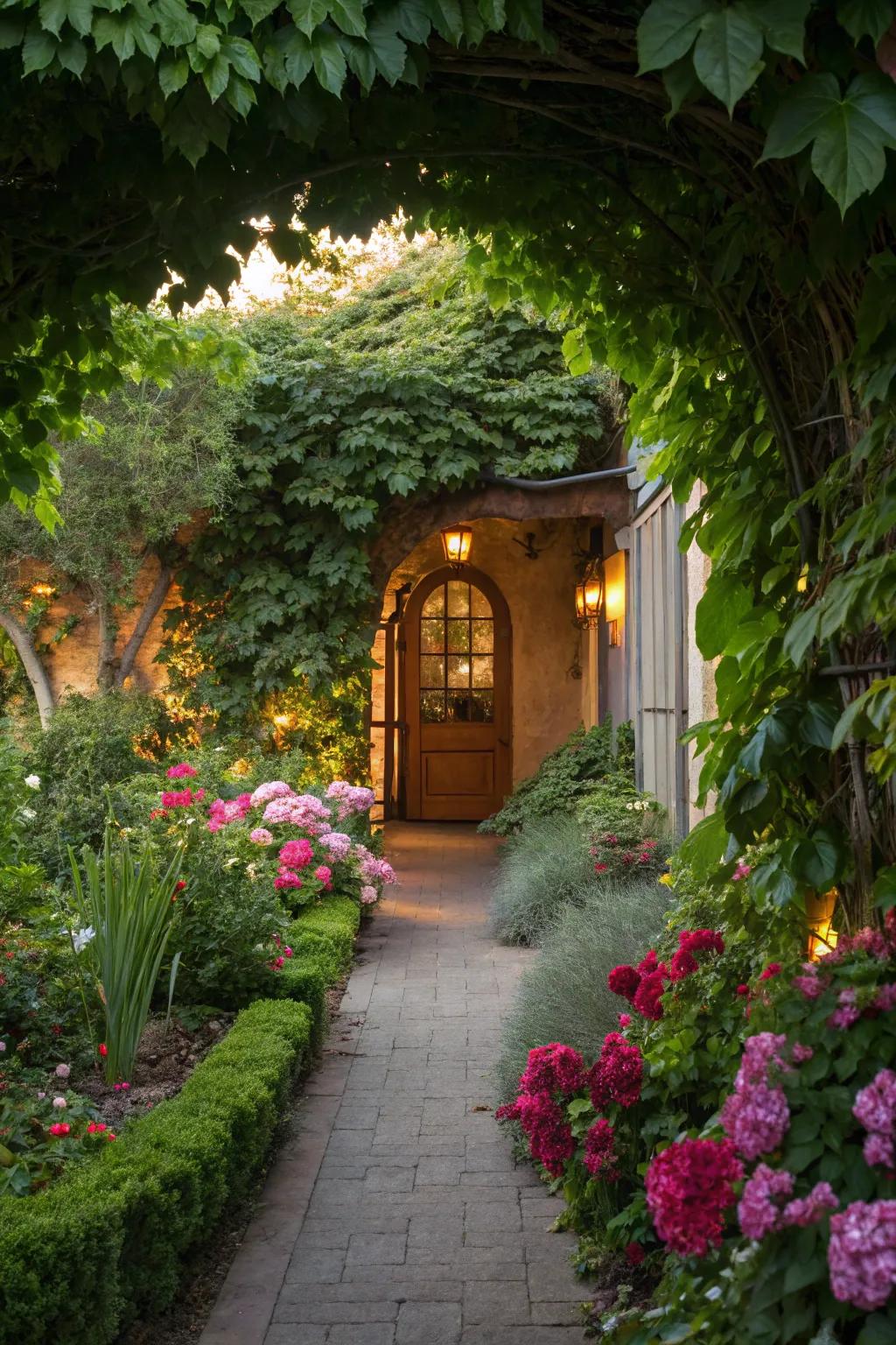 Pathway enhanced by lush green foliage bordering it.