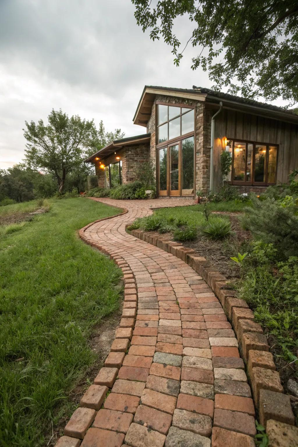 Front walkway featuring recycled building materials.
