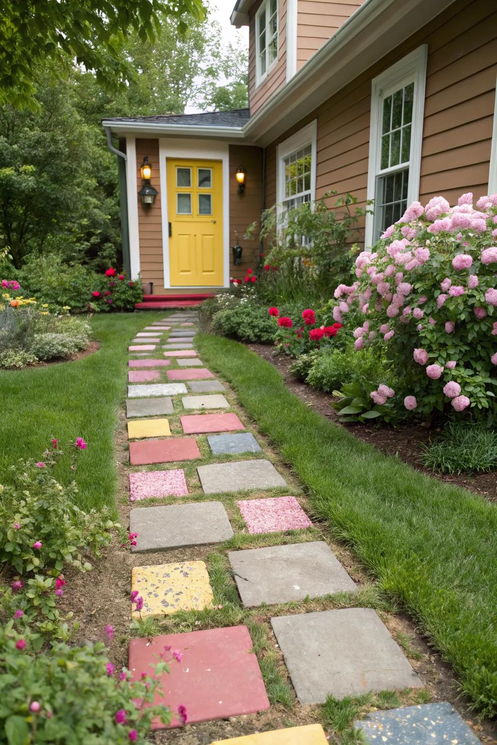 A front pathway crafted with colorful patterned pavers.