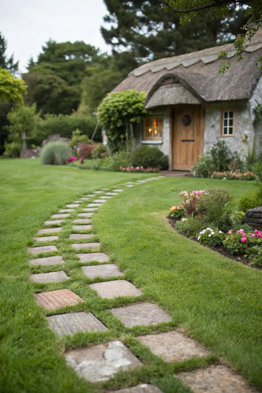 Combining grass and pavers in front door pathways.