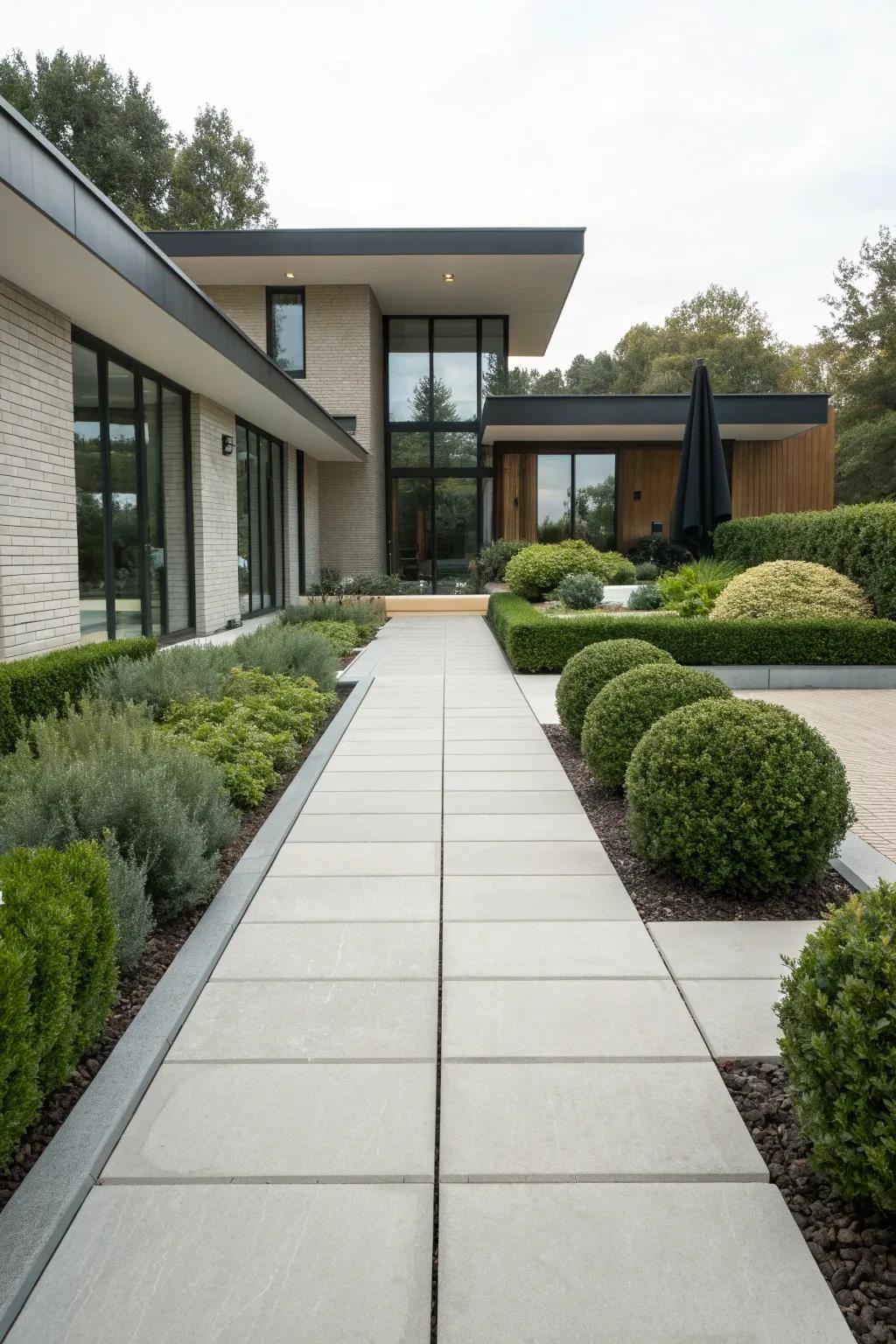 Contemporary front door pathway featuring linear pavers.