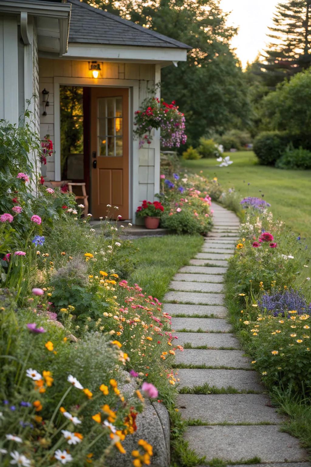 Colorful wildflowers forming natural pathway borders.