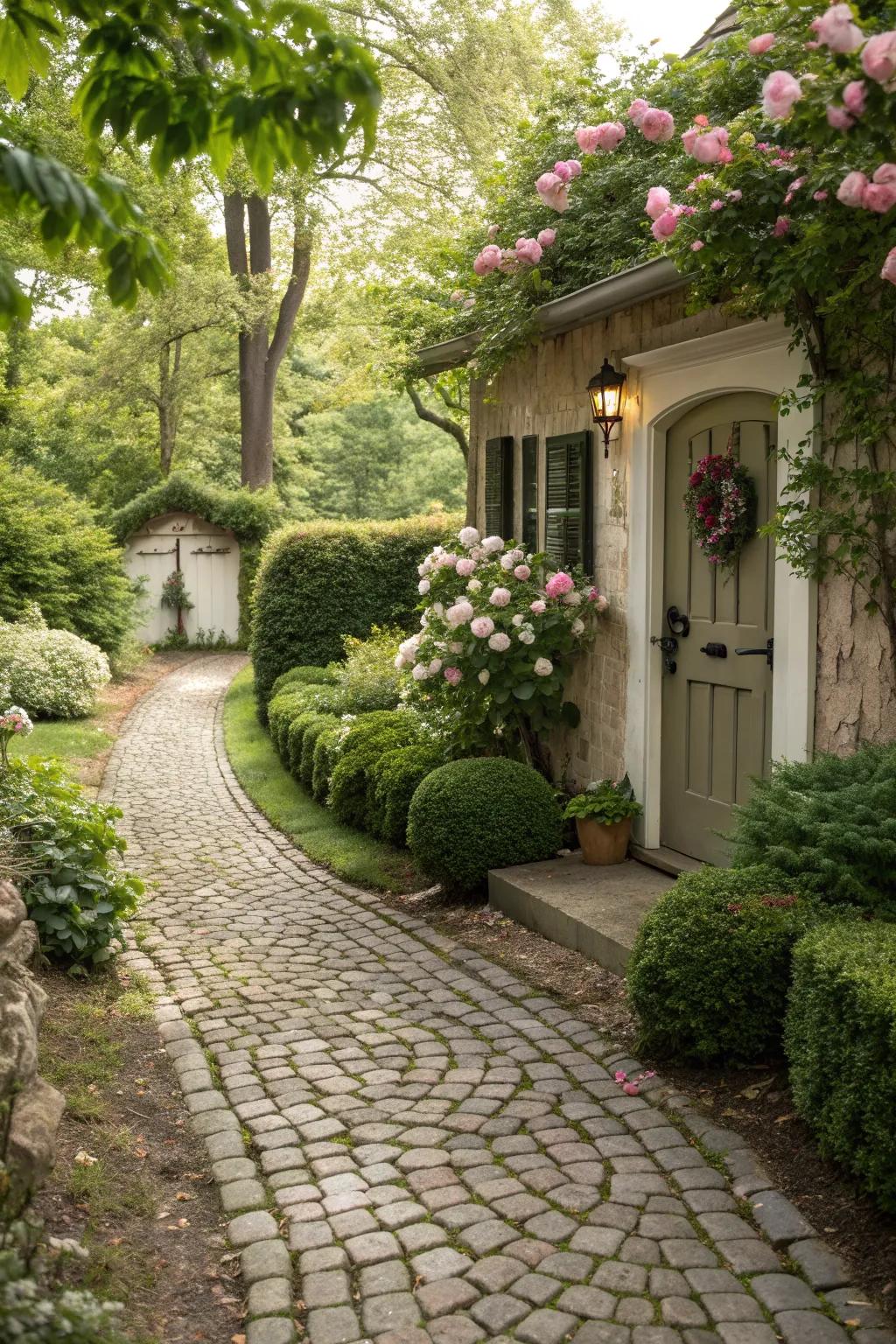 Cobblestone pathway creating a rustic and charming vibe.
