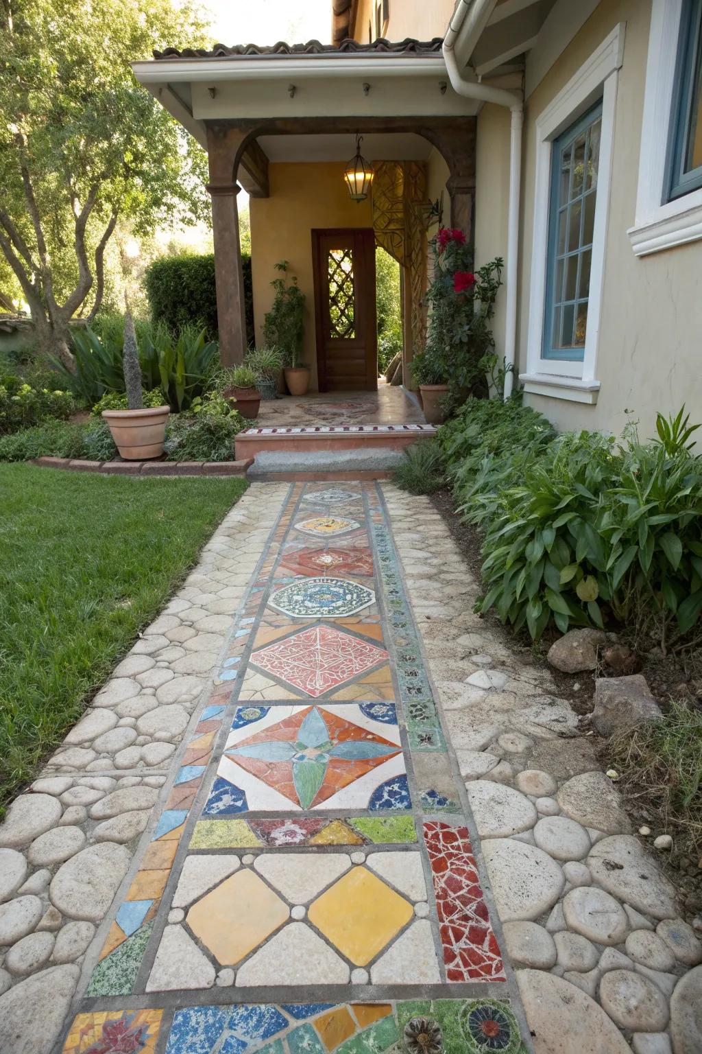 Front door adorned with custom mosaic tiles.