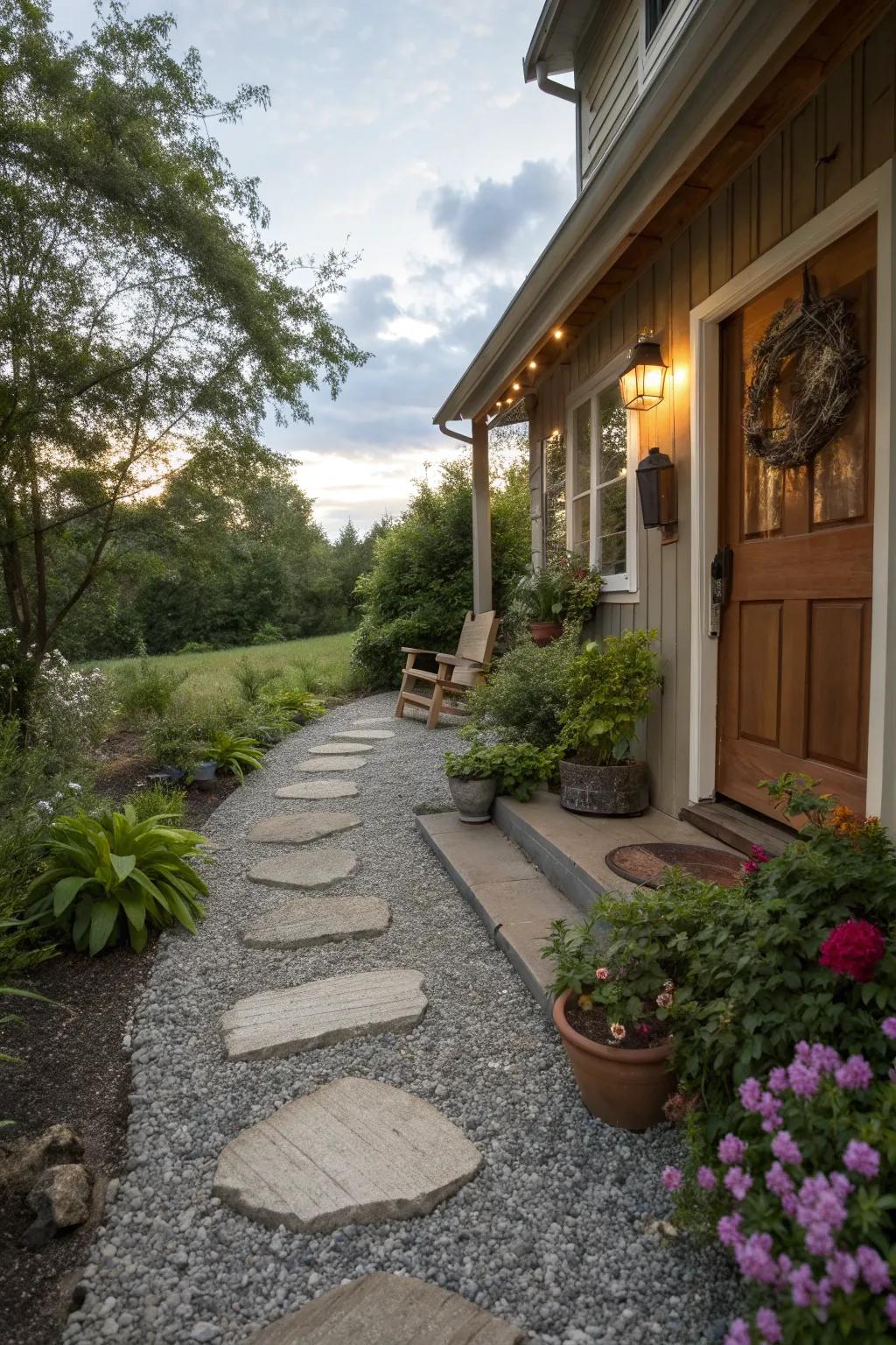 Gravel pathway complemented by stepping stones.