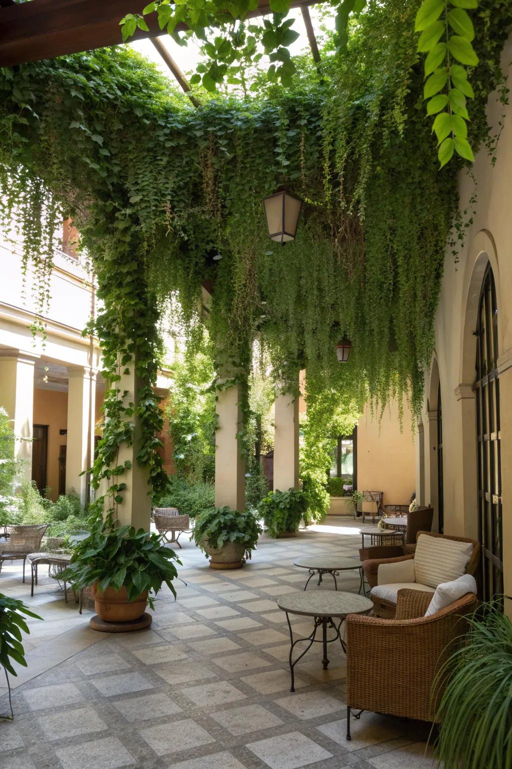 Hanging plants create a lush canopy in your atrium.