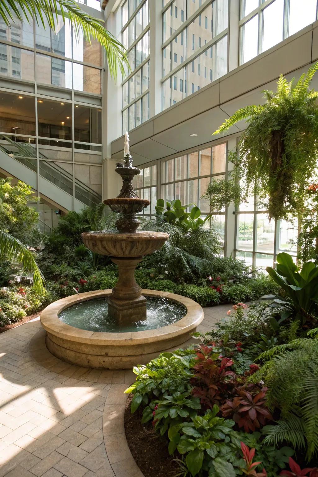 A small fountain brings tranquility to your atrium.
