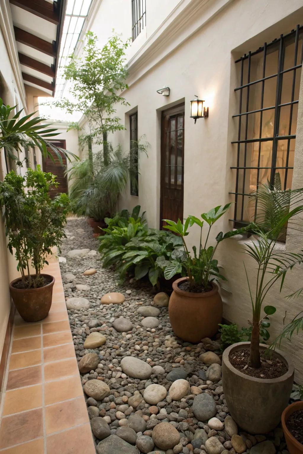 Natural stones create a tranquil and textured base for your atrium.