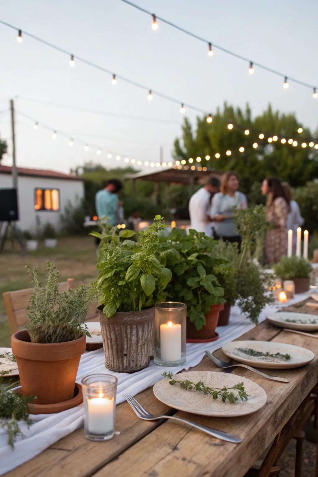 Sustainable centerpieces add greenery and charm.