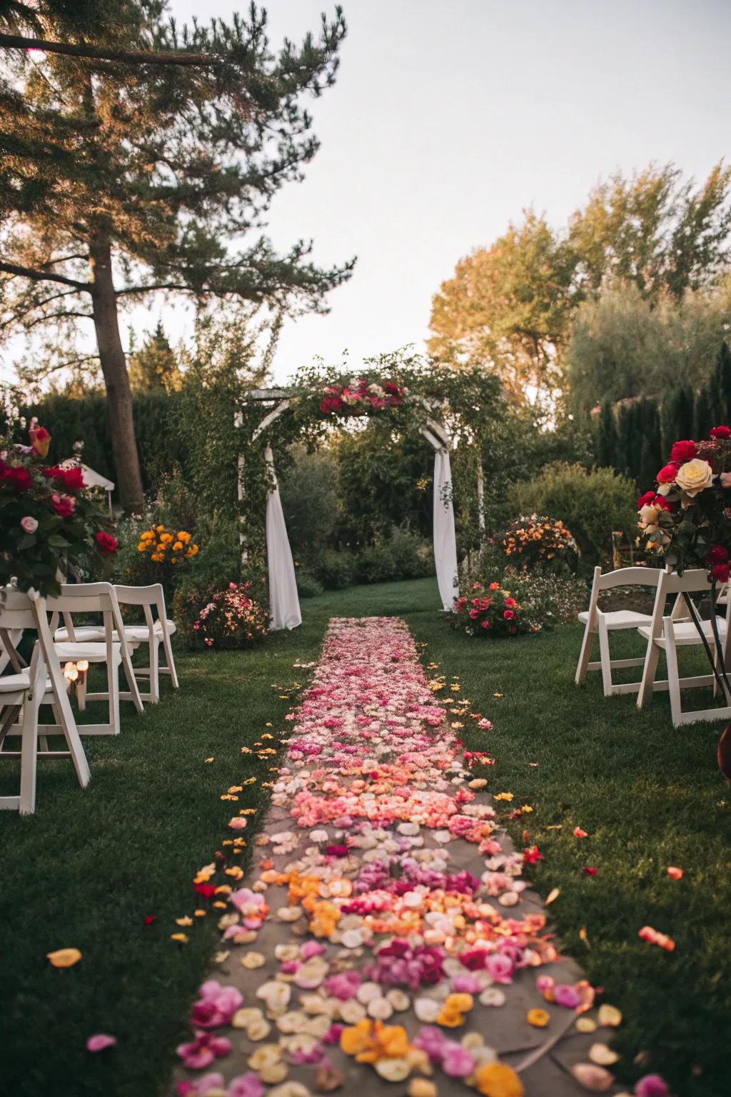 Flower petals create a dreamy aisle.