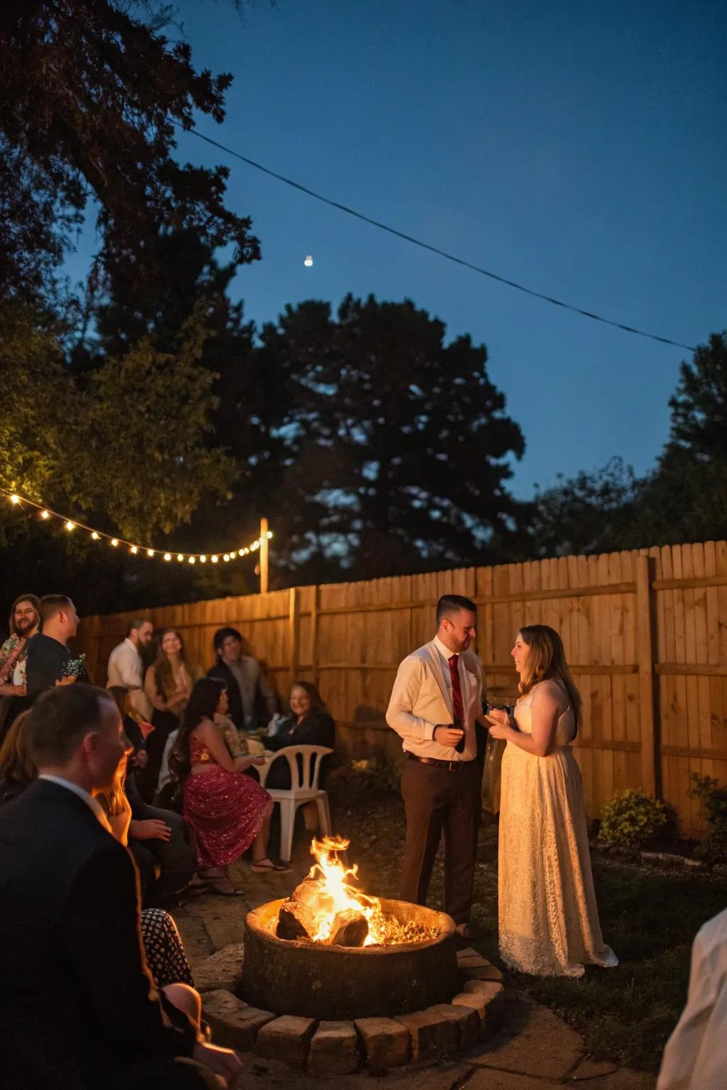 A fire pit creates a cozy evening gathering spot.