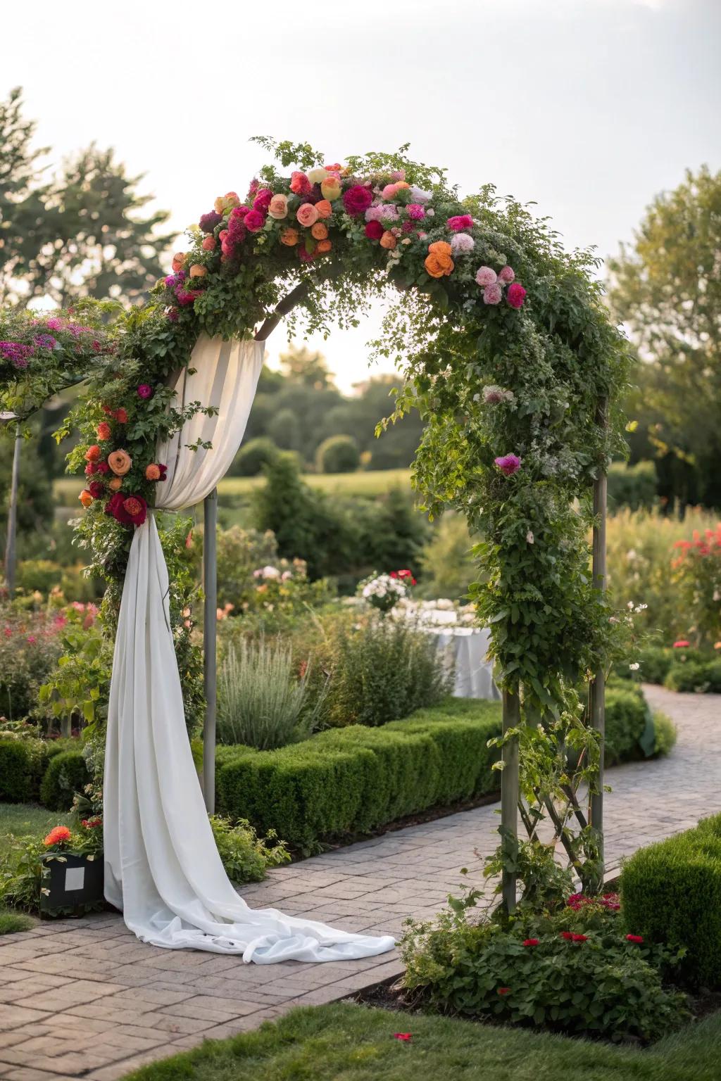 A floral arch provides a picturesque ceremony backdrop.