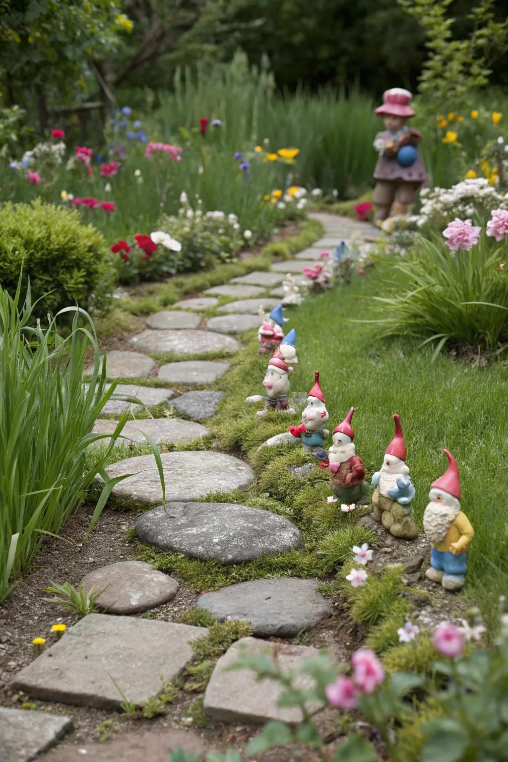 Stone pathways add structure and invite exploration in a gnome garden.