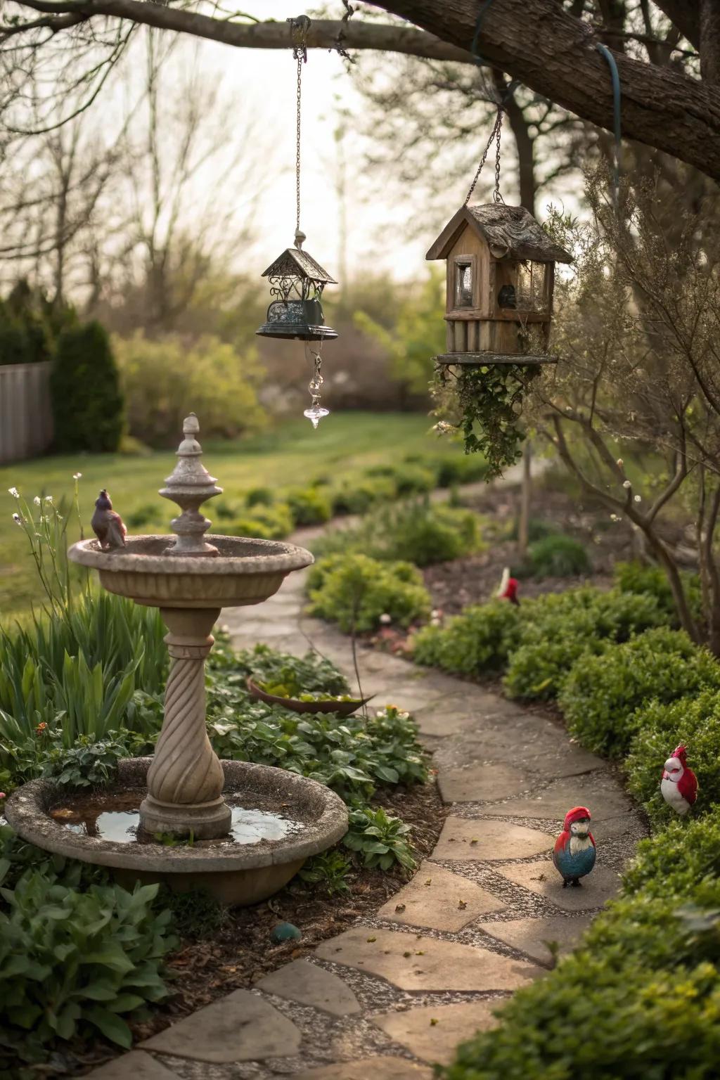 Bird-friendly features invite wildlife and enhance the magic of your gnome garden.