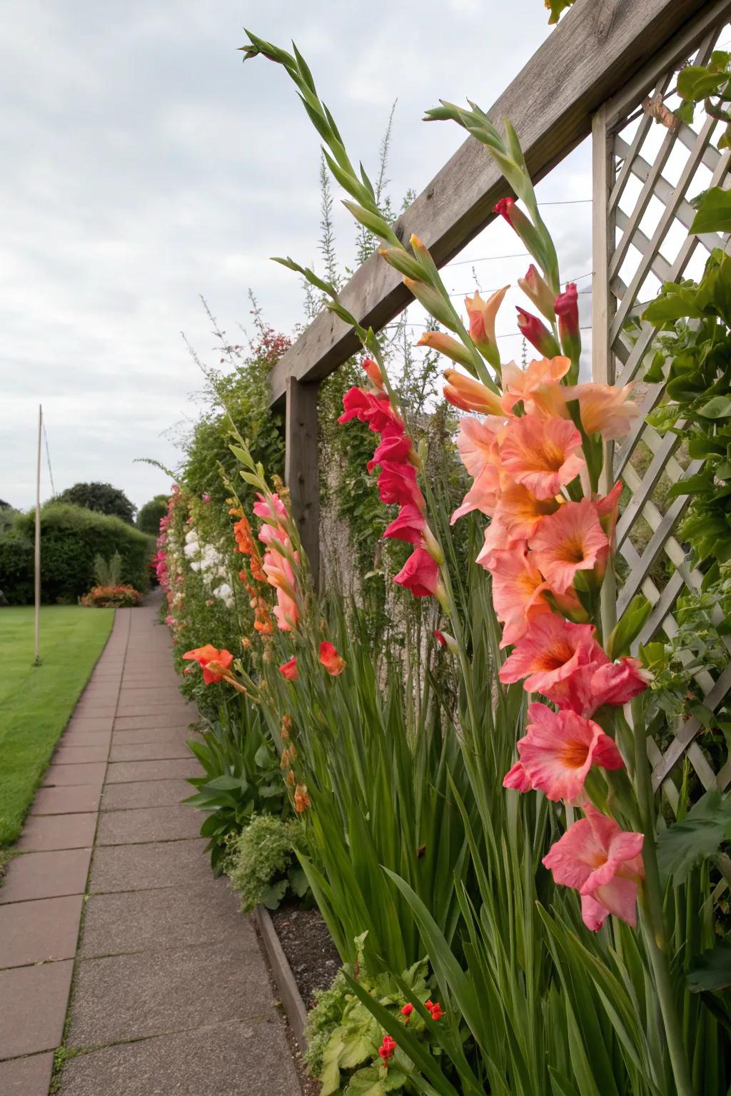 Garden structures enhanced with gladiolus.