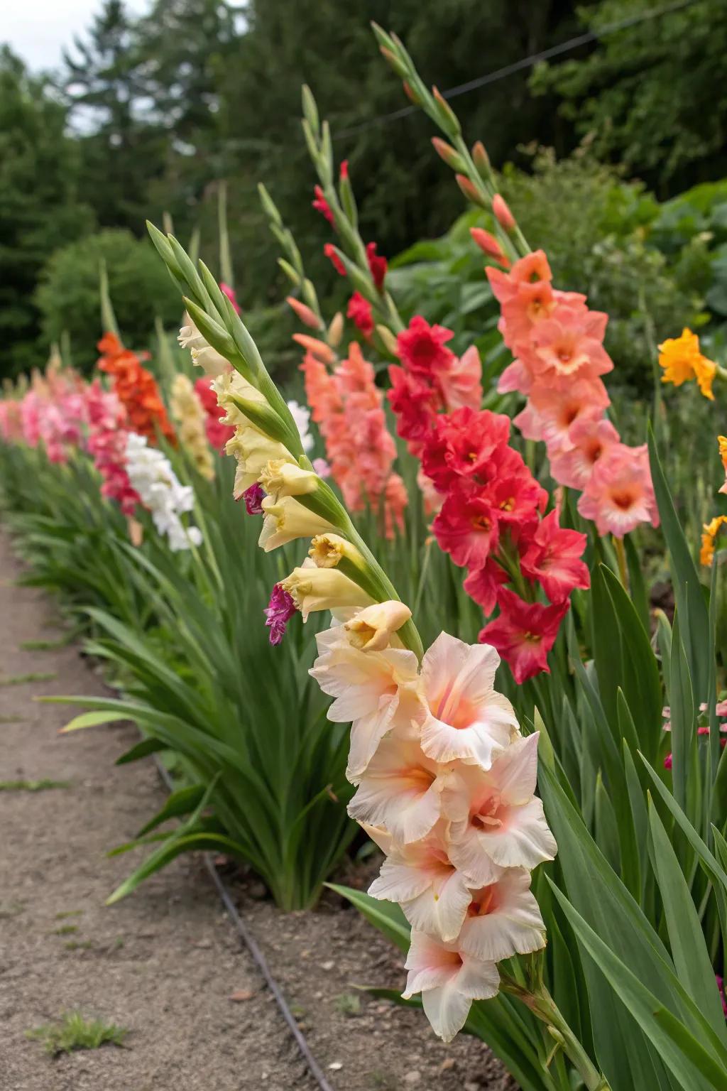 Dynamic color contrasts with gladiolus.