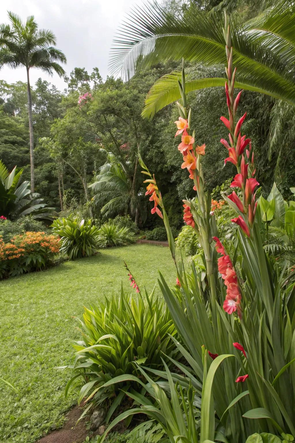 Tropical vibes with gladiolus and lush foliage.