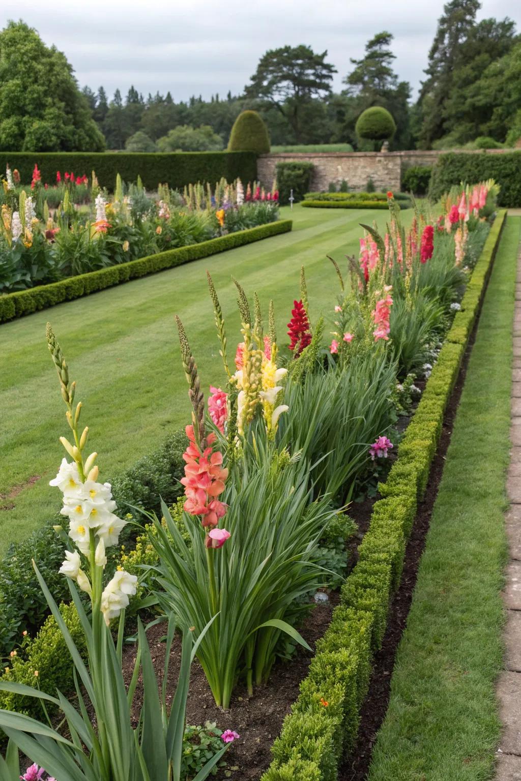 Formal garden rows of gladiolus.