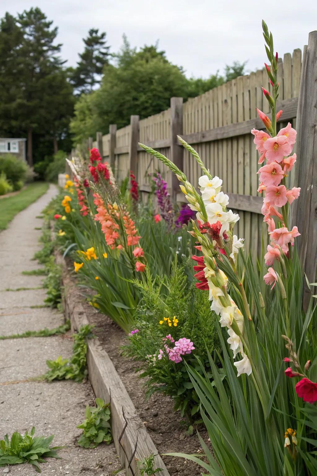 Colorful gladiolus defining a garden path.