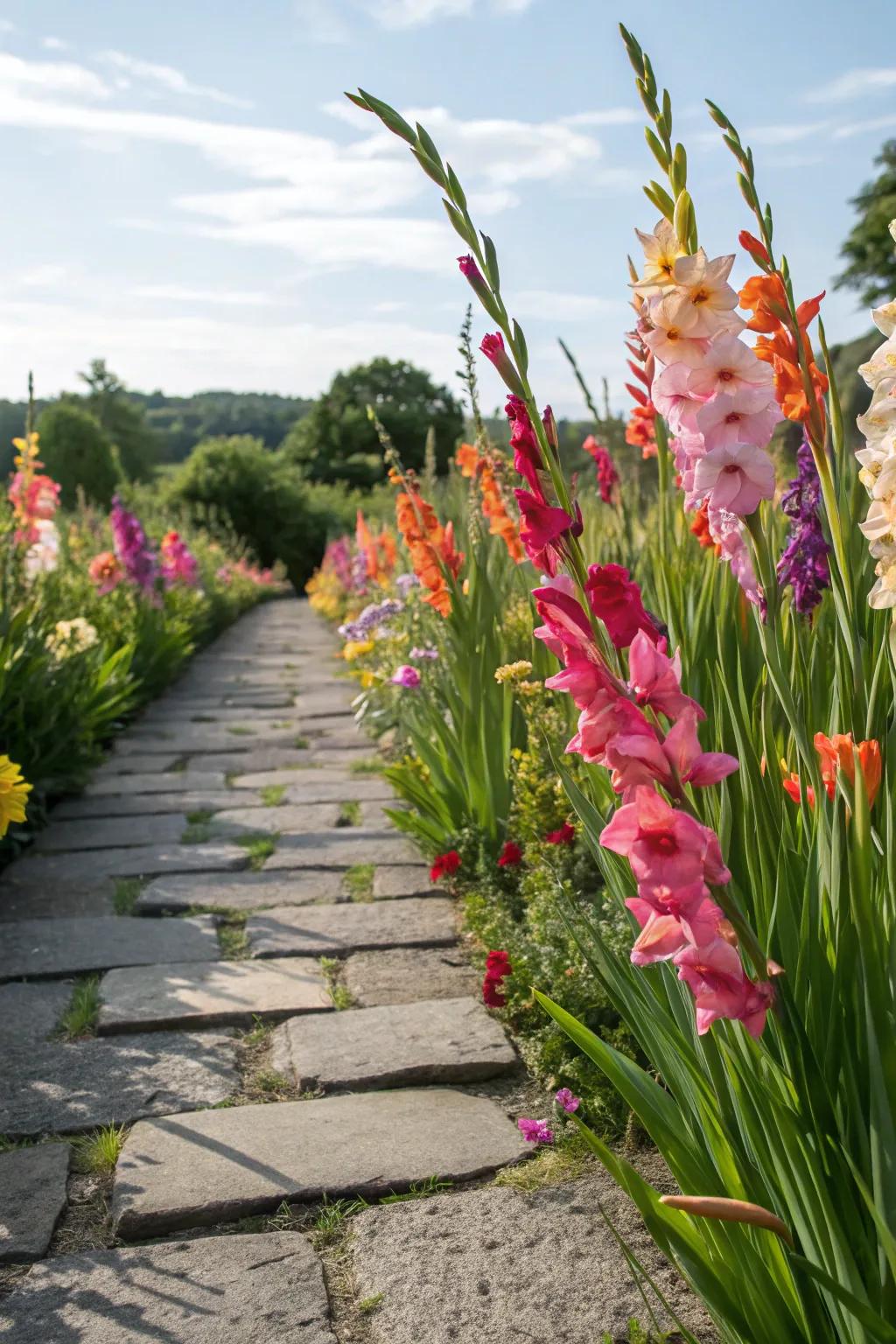 Gladiolus lining a garden pathway.