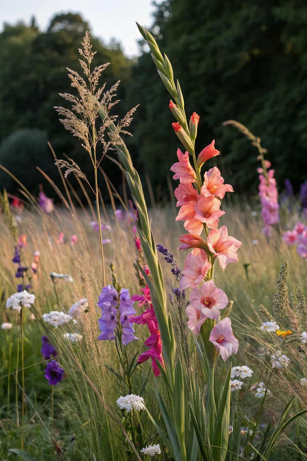 A wild, naturalistic garden with gladiolus.