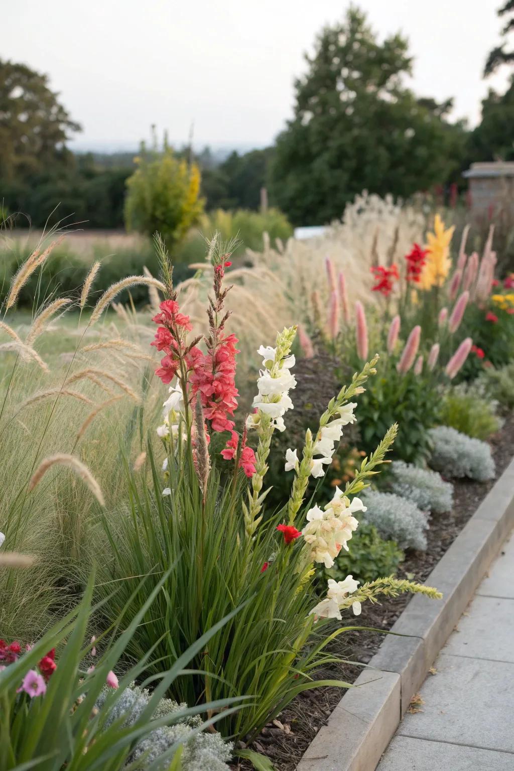 A textured garden bed with gladiolus and grasses.
