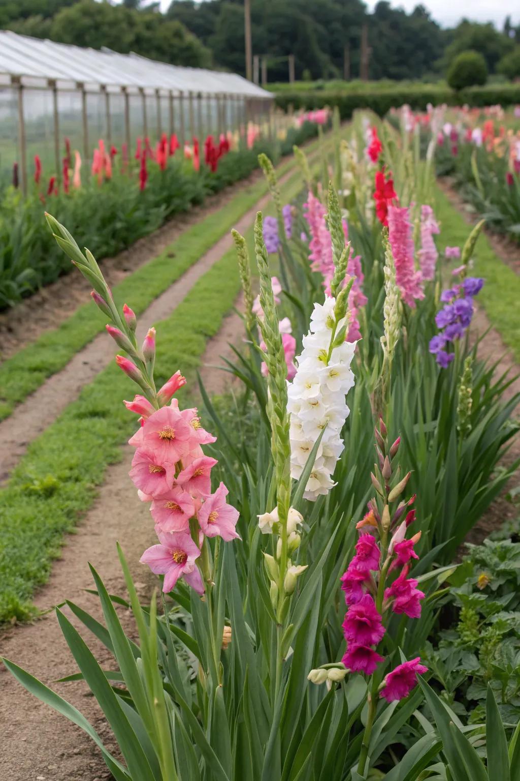 Cutting garden with gladiolus for fresh flowers.