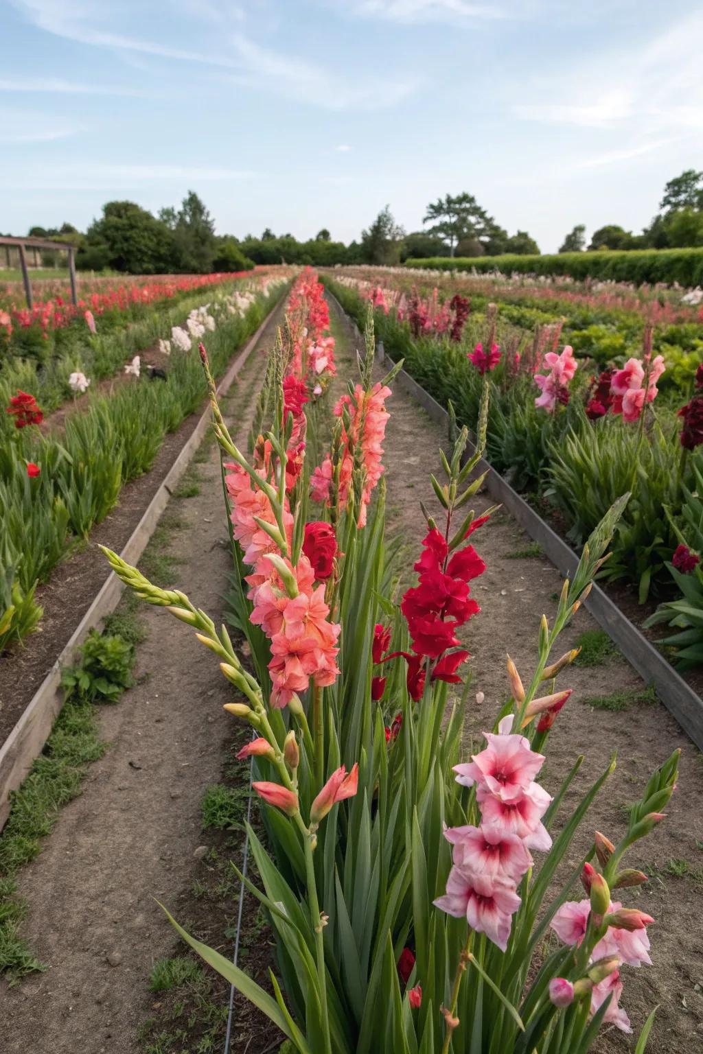 Structured flower beds with gladiolus as focal points.
