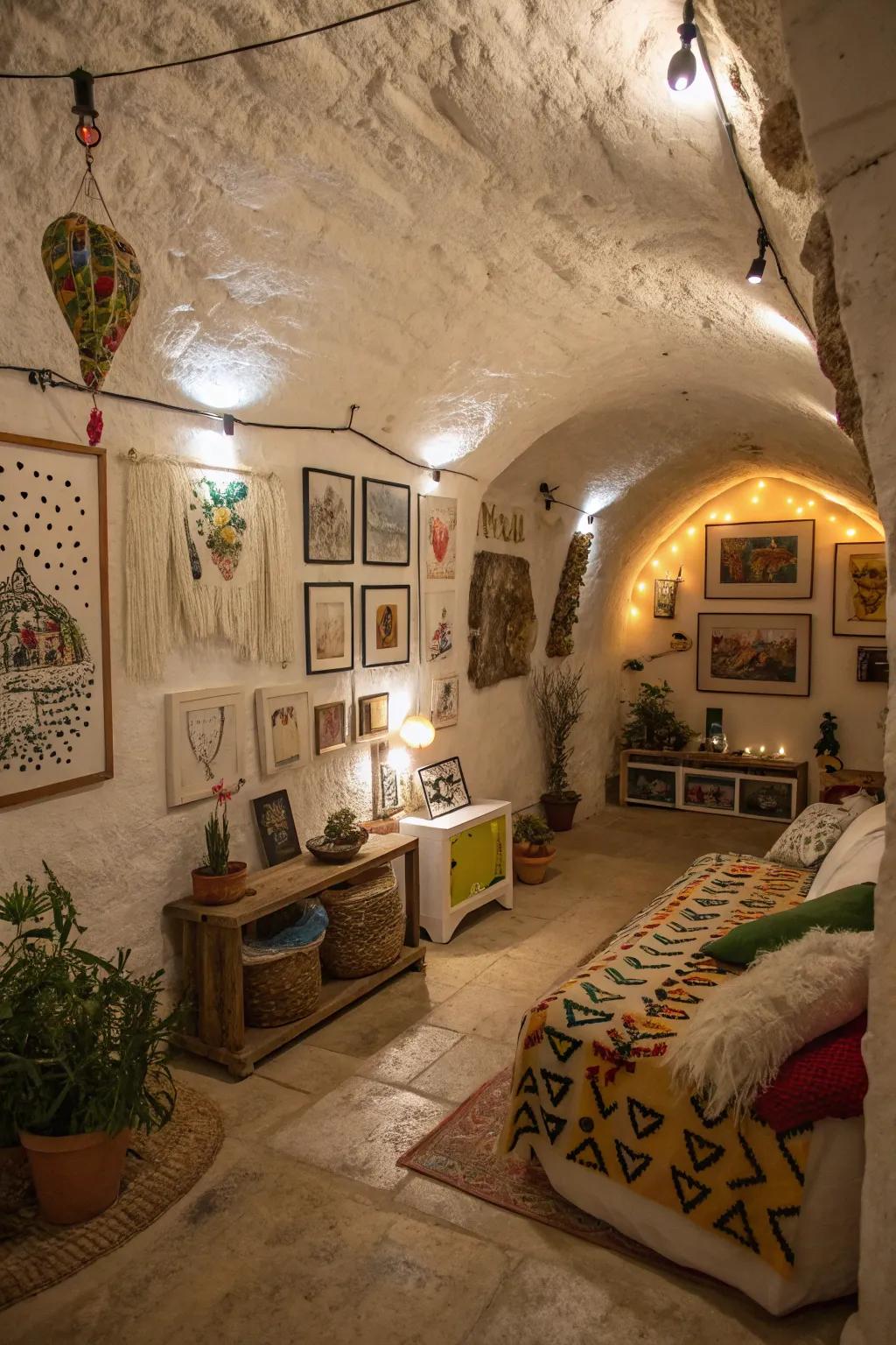 Art displays personalize and enrich the character of underground homes.