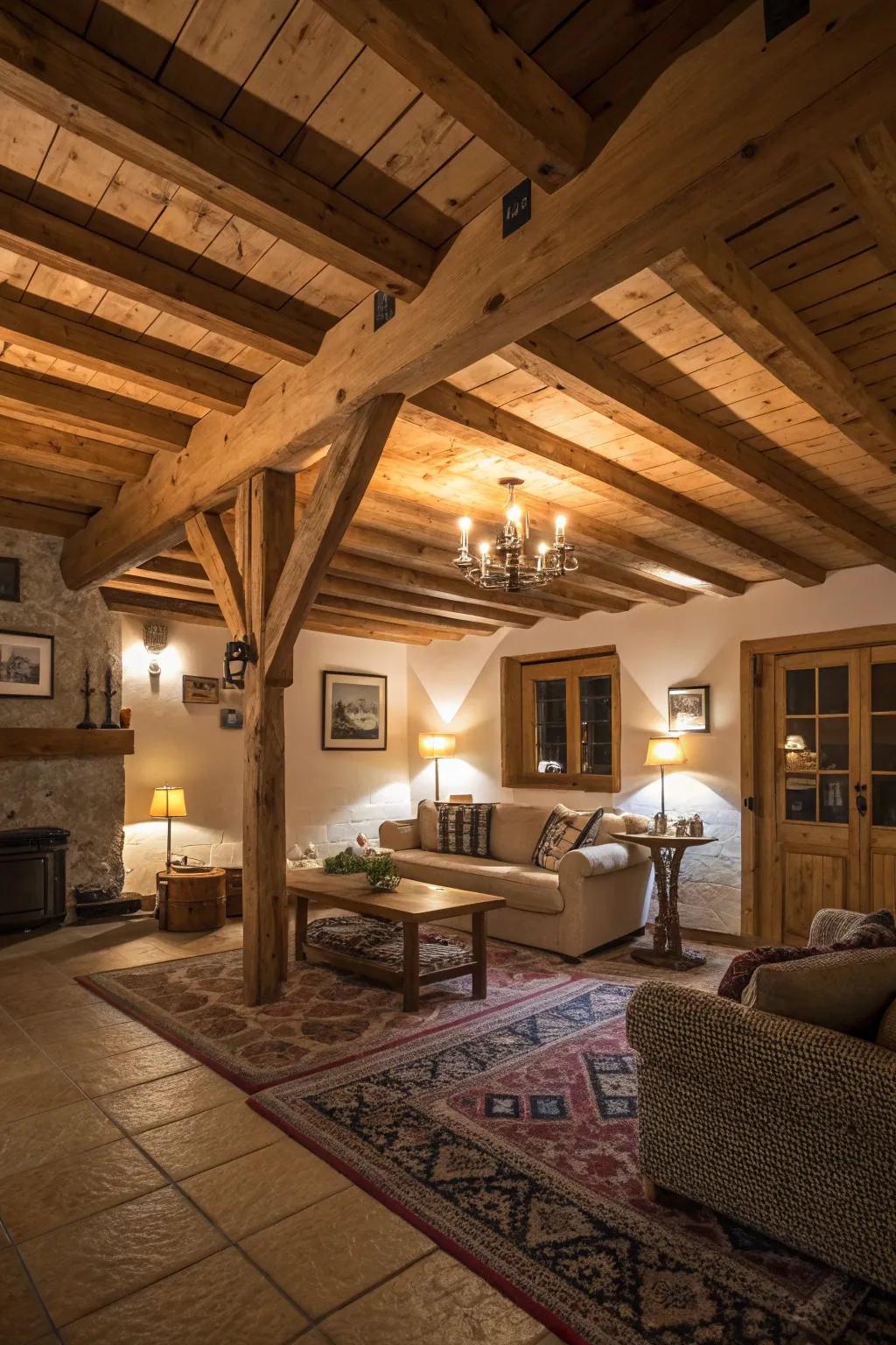 Wooden accents bring warmth and character to subterranean spaces.