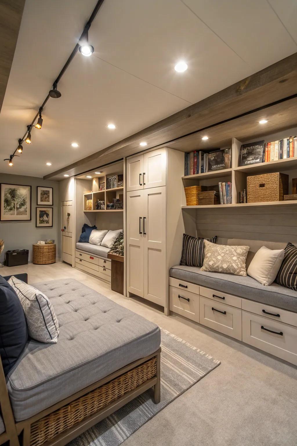 Multi-functional furniture optimizes space and functionality in underground settings.